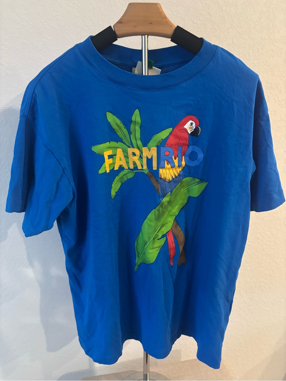 FARM Rio Tropical Parrot Graphic T Shirt Blue Cotton Oversized Womens Small